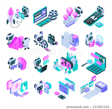Original AI scenes collection featuring robots and technology in isometric style 131985182