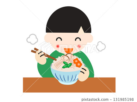 Boy eating matsutake rice Boy eating matsutake rice 131985198
