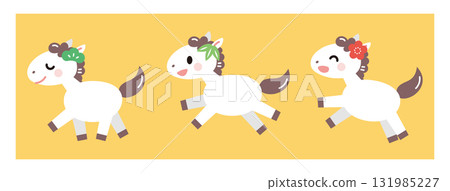 以鬆、竹、梅花為裝飾的白馬插畫。馬年。新年賀卡素材。 以鬆、竹、梅花為裝飾的白馬插畫。馬年。新年賀卡素材。 131985227