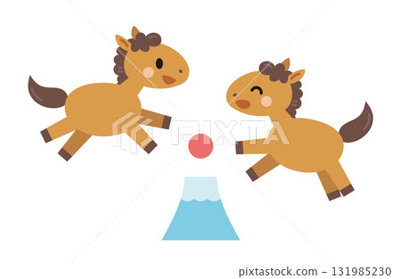 Illustration of two horses playing with Mount Fuji Year of the Horse New Year's material First sunrise 131985230