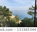 Abandoned scenic old road along the sea and cliffs, view from above from the cliff through the trees 131985344