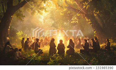 Pentecost, A group of people in a natural outdoor setting sharing Pentecost, A group of people in a natural outdoor setting sharing 131985390