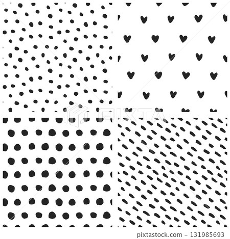 Seamless abstract polka dot, hearts, spotted patterns set hand drawn 131985693
