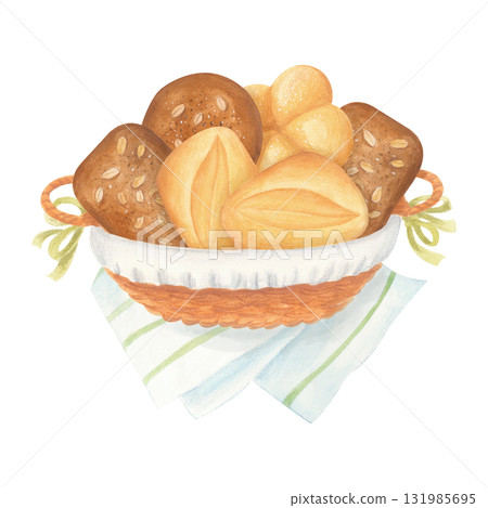 Wheat and rye buns in wicker hamper with white cotton napkin. Watercolour isolated illustration. 131985695