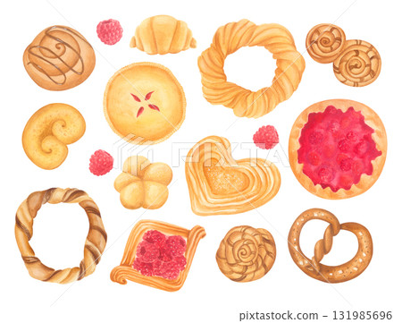 Hand-drawn bakery set with pies, croissants, pretzels, bagels and buns. Watercolor isolated illustration Hand-drawn bakery set with pies, croissants, pretzels, bagels and buns. Watercolor isolated illustration 131985696