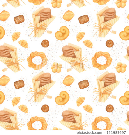 Seamless pattern with rustic bread and pastries in cozy hand-drawn style. Watercolor isolated illustration. 131985697