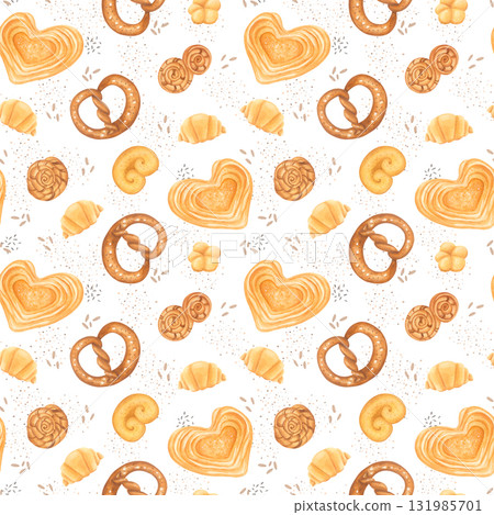 Watercolor seamless pattern with pastries in cozy hand-drawn style isolated on white background. 131985701
