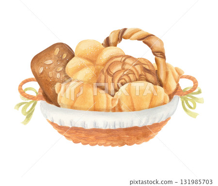 Wicker hamper with pastries: croissants, buns and bagels. Watercolour isolated illustration. 131985703