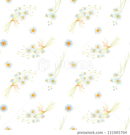 Watercolor seamless floral pattern with bouquets of chamomile flowers on white background. Watercolor seamless floral pattern with bouquets of chamomile flowers on white background. 131985704