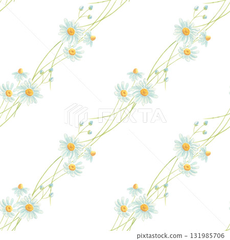 Diagonal seamless chamomile floral pattern on white background 131985706