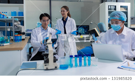 Glass vial, pipette and scientist in laboratory for medical study, research or experiment. Glass vial, pipette and scientist in laboratory for medical study, research or experiment. 131985820