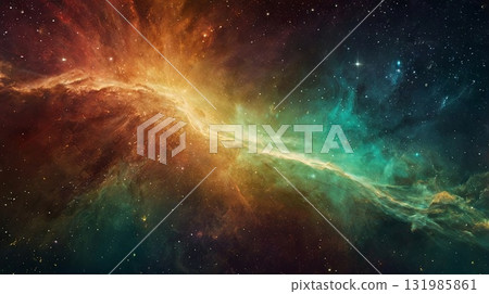 A vibrant cosmic nebula with iridescent colors and cosmic light trails. A design concept in a sci-fi or fantasy style. 131985861
