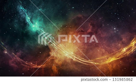 A vibrant cosmic nebula with iridescent colors and cosmic light trails. A design concept in a sci-fi or fantasy style. 131985862
