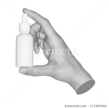 Gray hand contemporary art style holding white cosmetic bottle isolated on transparent background 131985940