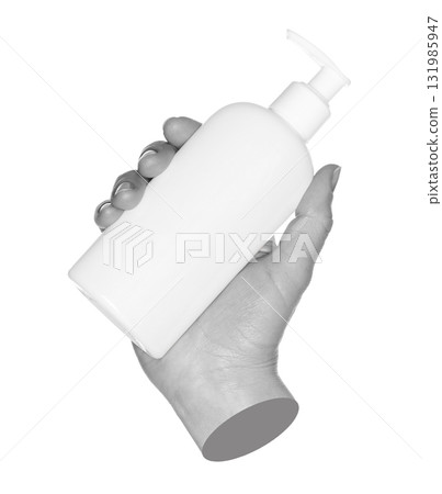 Gray hand contemporary art style holding soap dispenser bottle, isolated on transparent background 131985947
