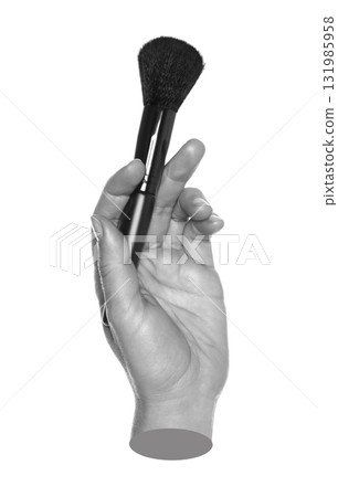 Gray hand contemporary art style holding makeup brush, isolated on transparent background 131985958