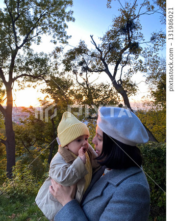 Mother and Baby at Sunset in the Park 131986021