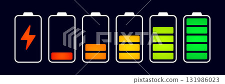 Charging battery. Power charger icon. Icon battery charging. Battery charge indicator with light. Phone power symbol, electric energy interface icon. Vector illustration Charging battery. Power charger icon. Icon battery charging. Battery charge indicator with light. Phone power symbol, electric energy interface icon. Vector illustration 131986023