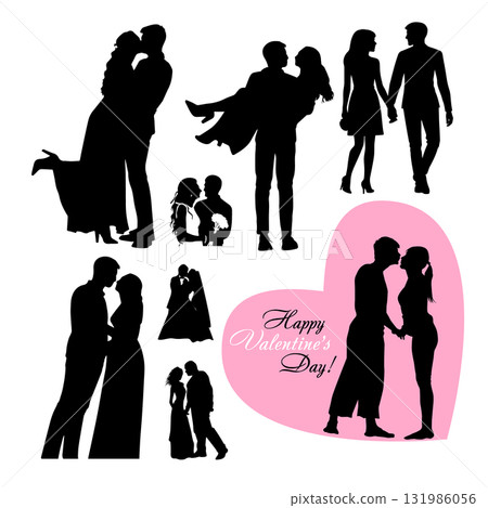 Happy Valentine's Day. Happy Wedding Day silhouettes. Hand drawn. Not AI, vector illustration. 131986056
