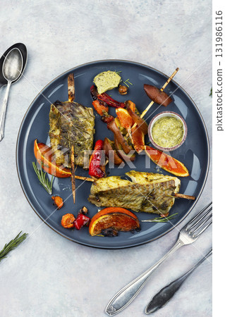 Fried fish fillet sliced for steak. 131986116