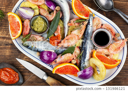 Fresh seafood and marinade. Fresh seafood and marinade. 131986121