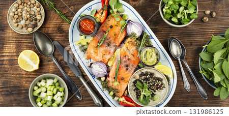 raw salmon with ingredients. 131986125