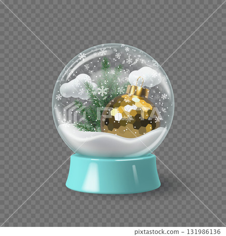Glass snowglobe with golden Christmas ornament, pine branches, clouds, and snowflakes inside. Elegant festive winter decoration for holiday celebration. Vector illustration. 131986136