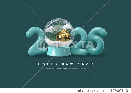 Happy New Year 2026 greeting with glass snowglobe, golden ornament, pine branches and falling snow on dark teal background. Festive winter holiday design for seasonal celebration. Vector illustration. Happy New Year 2026 greeting with glass snowglobe, golden ornament, pine branches and falling snow on dark teal background. Festive winter holiday design for seasonal celebration. Vector illustration. 131986140