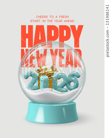 Happy New Year 2026 greeting card with glass snowglobe, golden gift box, snow, and festive confetti. Modern holiday design with red typography and winter decoration. Vector illustration. Happy New Year 2026 greeting card with glass snowglobe, golden gift box, snow, and festive confetti. Modern holiday design with red typography and winter decoration. Vector illustration. 131986141