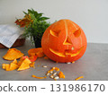 Scary Pumpkin face cut on gray background 131986170