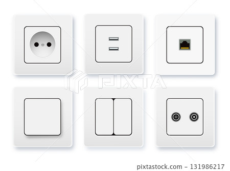 Realistic socket and switch. Interior wall outlets or electric connectors. Switches and sockets set Different square types. Vector 131986217