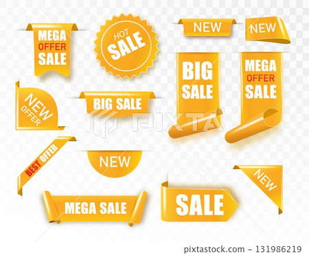 Golden satin ribbon tag. Gold textile label for sale promotion text. Discount and special offer badge. Vector Golden satin ribbon tag. Gold textile label for sale promotion text. Discount and special offer badge. Vector 131986219