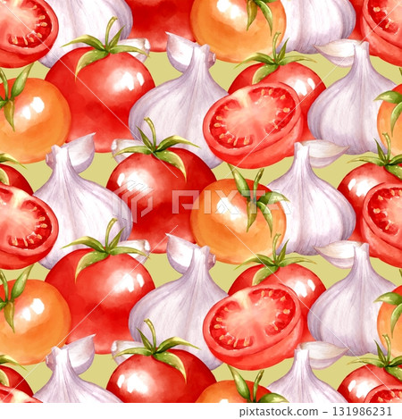 Seamless pattern featuring whole and sliced red tomatoes and white garlic bulbs. Design for Italian kitchen textile, restaurant decor, or food packaging. 131986231