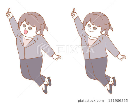 Illustration of a woman in a suit (pants) pointing in warm colors Illustration of a woman in a suit (pants) pointing in warm colors 131986235