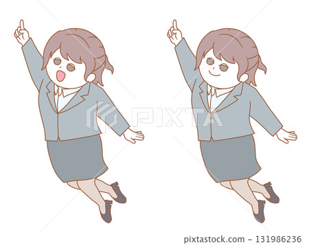 一位身穿西裝（裙子）的女士用冷色調指著 131986236