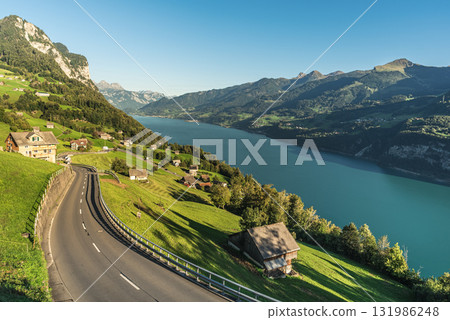 Road in alpine landscape overlooking Lake Walensee near Amden, Canton of St. Gallen, Switzerland Road in alpine landscape overlooking Lake Walensee near Amden, Canton of St. Gallen, Switzerland 131986248