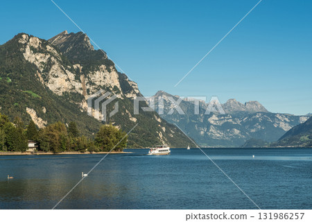 Lake Walensee and Churfirsten mountains, Weesen, Canton of St. Gallen, Switzerland 131986257