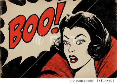 Retro pop art of a woman shouting "BOO!". Vintage Halloween comic design Retro pop art of a woman shouting "BOO!". Vintage Halloween comic design 131986591
