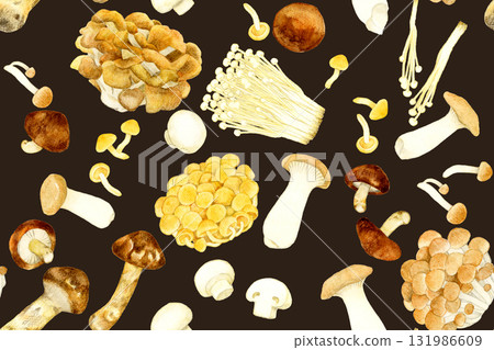 Seamless pattern of edible mushrooms. Hand-drawn watercolor illustration of vegetables. 131986609