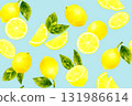 Lemon and leaf seamless pattern. Hand-drawn watercolor illustration of fruit. 131986614