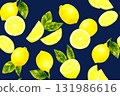 Lemon and leaf seamless pattern. Hand-drawn watercolor illustration of fruit. 131986616