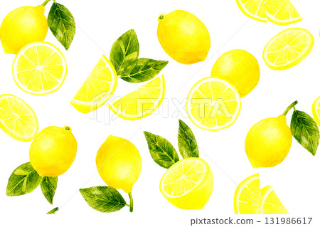 檸檬和葉子的無縫圖案.手繪水果水彩畫。 131986617