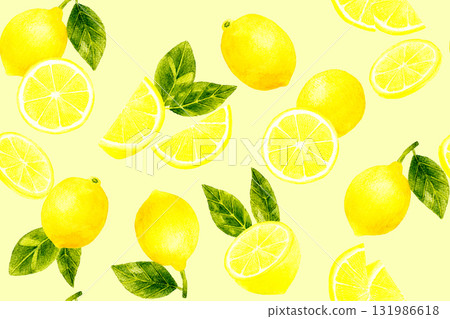 檸檬和葉子的無縫圖案.手繪水果水彩畫。 檸檬和葉子的無縫圖案.手繪水果水彩畫。 131986618