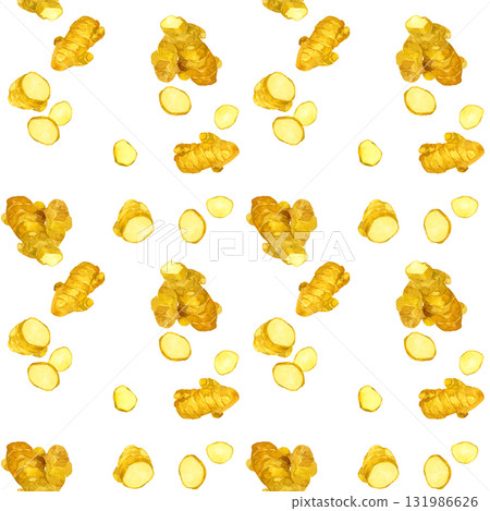 Ginger seamless pattern. Hand-drawn watercolor illustration background material of vegetables and condiments. 131986626