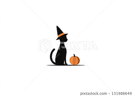一隻戴著女巫帽的黑貓和一個南瓜的輪廓。簡單可愛的萬聖節插圖 一隻戴著女巫帽的黑貓和一個南瓜的輪廓。簡單可愛的萬聖節插圖 131986649