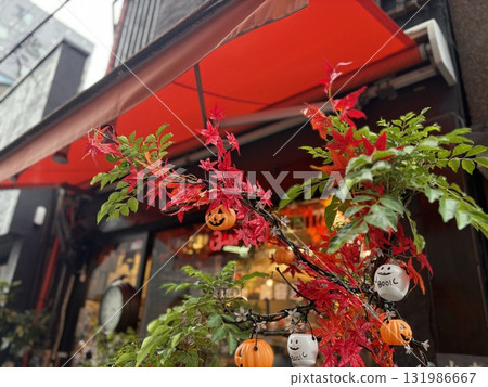 Halloween decorations on a maple tree in front of a store Halloween decorations on a maple tree in front of a store 131986667