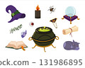 Halloween set. Witch cauldron with green potion, magic crystal ball and spellbook, wizard hat, black cat, creepy eye, black candle, ancient scroll 131986895