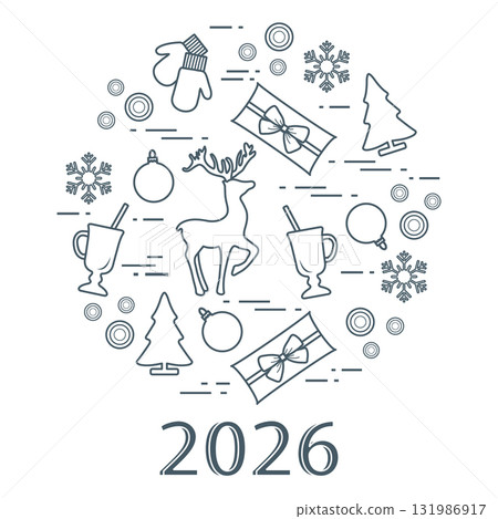 Christmas-themed background with reindeer, gifts, trees, mittens, and snowflakes for 2026 Christmas-themed background with reindeer, gifts, trees, mittens, and snowflakes for 2026 131986917