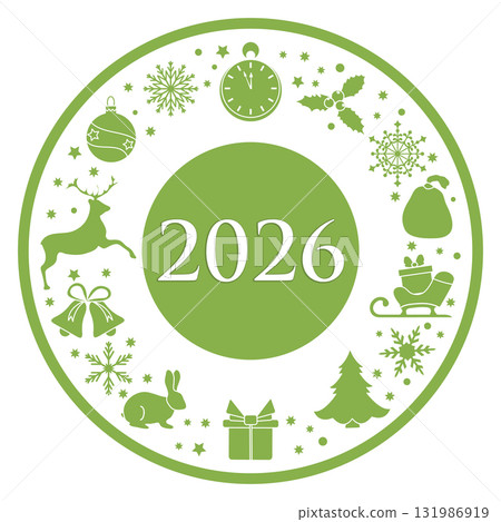 Christmas-themed 2026 calendar with holiday icons, reindeer, snowflakes, and holly border Christmas-themed 2026 calendar with holiday icons, reindeer, snowflakes, and holly border 131986919