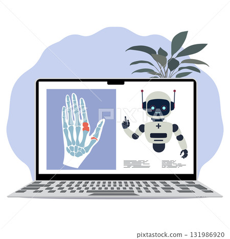 Robot doctor analyzing hand x-ray on laptop screen with plant in background 131986920
